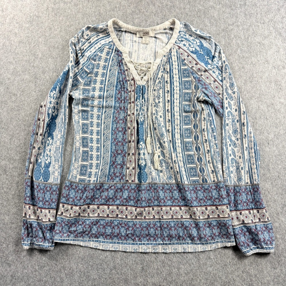 Vintage‎ America Blues Womens Top Blouse Medium Blue Paisley Lace Up Peasant